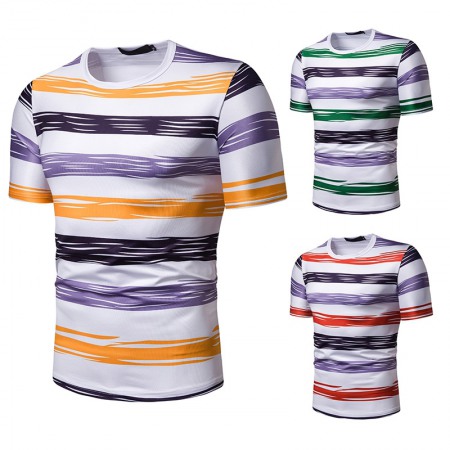 New Summer Men's Short-Sleeved T-Shirt Contrast Striped Slim-Fit Casual T-Shirts